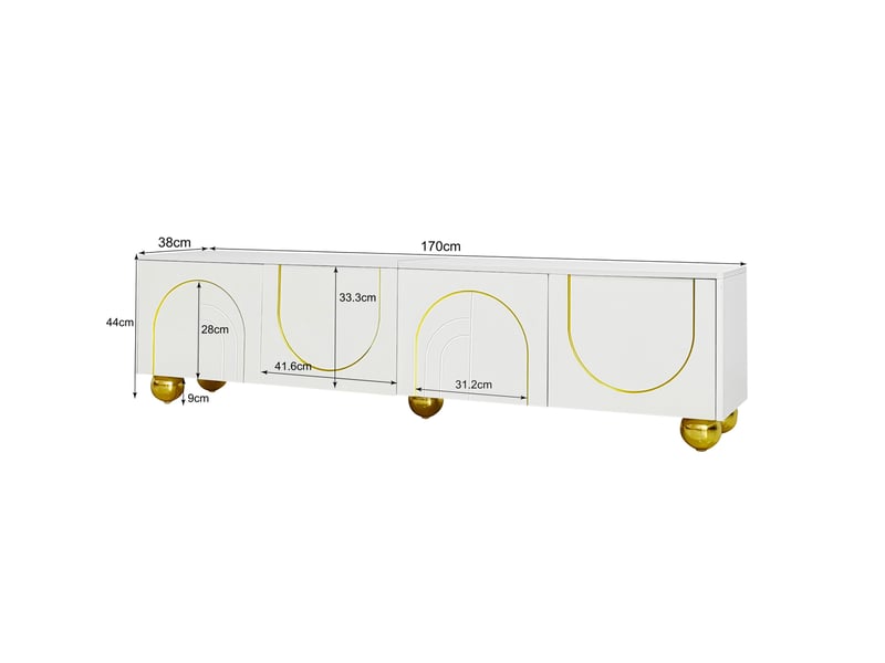  Meuble tv moderne 170x38x44 cm, le salon avec 4 portes de rangement, pieds métal doré, panneau de particules, blanc  - Conforama C