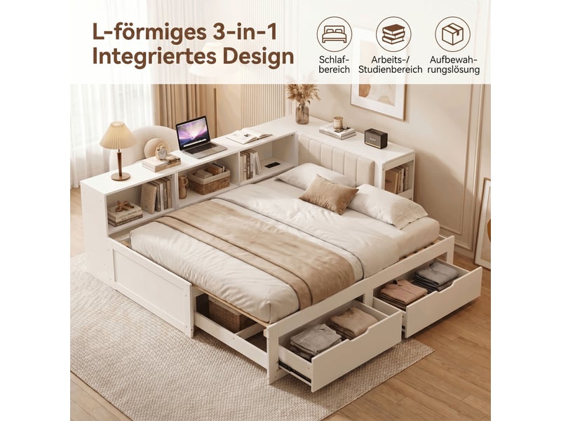  Lit multifonction 180x200 cm avec bureau intégré, rangements et tiroirs, lit banquette en bois avec tête de lit rembourrée - blanc  - Conforama E