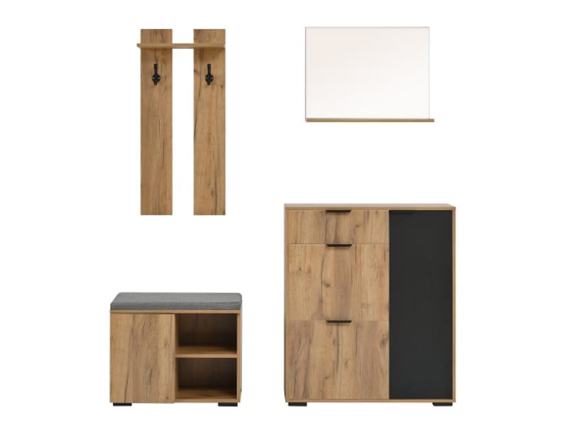 Entrée murale porte-manteaux avec banc et rangement chaussures - miroir, 4 portes, bois naturel et noir, 140×35×139 cm - Conforama C