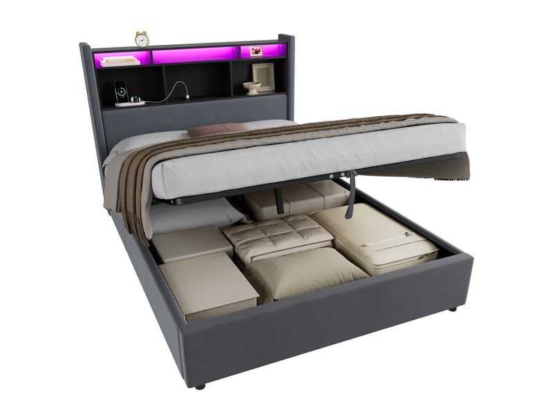  Lit coffre 90x200 cm en velours gris, cadre lit avec rangement sous lit, led et station de recharge, sans matelas  - Conforama A
