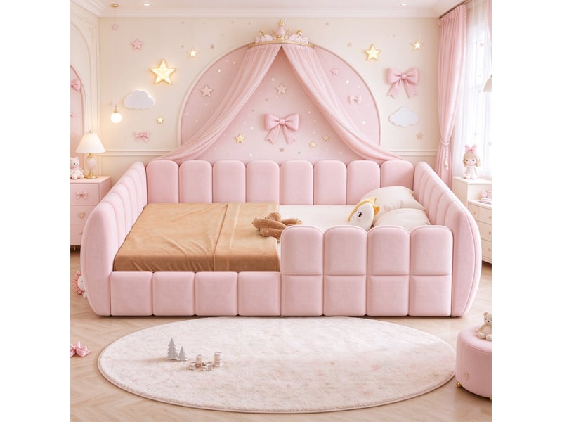  Lit au sol enfant 140x200 cm avec cadre rembourré fermé et coins arrondis, lit simple bas pour chambre enfant et ado, revêtement en velours, rose OPULERANE TRADING LTD - Conforama E