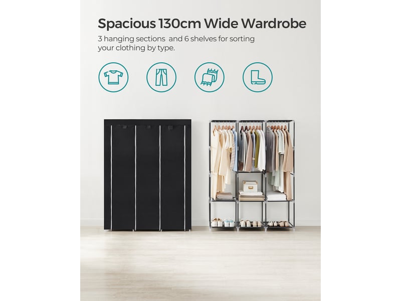 Armoire chambre en tissu, porte-vêtements, penderie, 45 x 130 x 167 cm, 3 compartiments de suspension, abvec étagères, 4 pochettes, grande capacité, chambre, salon, noir  - Conforama D
