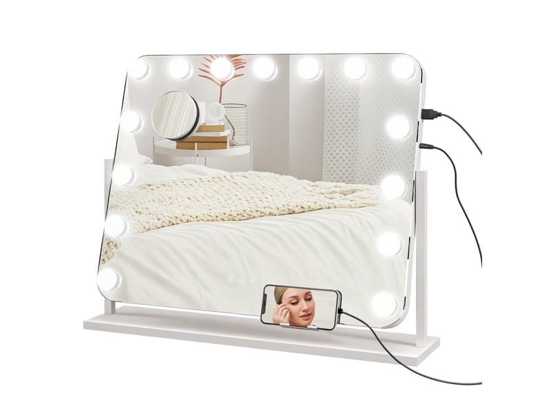  Miroir de maquillage avec 14 led réglables et chargement usb, verre et métal, 62,5 x 14 x 49,5 cm, blanc  - Conforama A