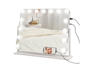 Miroir de maquillage avec 14 led réglables et chargement usb, verre et métal, 62,5 x 14 x 49,5 cm, blanc