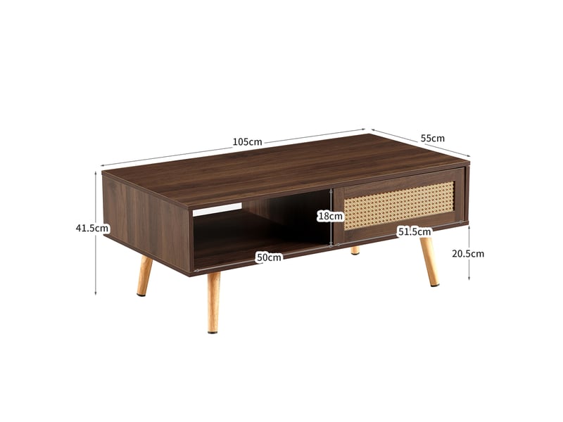 Table basse avec porte coulissante et rangement - lpospi - pieds en bois massif, mdf effet rotin marron - Conforama D