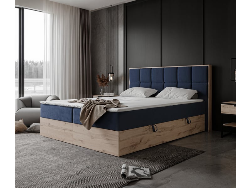 Lit adulte lavio ii - 140x200 cm - matelas ressorts + surmatelas - coffre de rangement - velours dense hydrofuge bleu marine LAVIO II - Conforama B