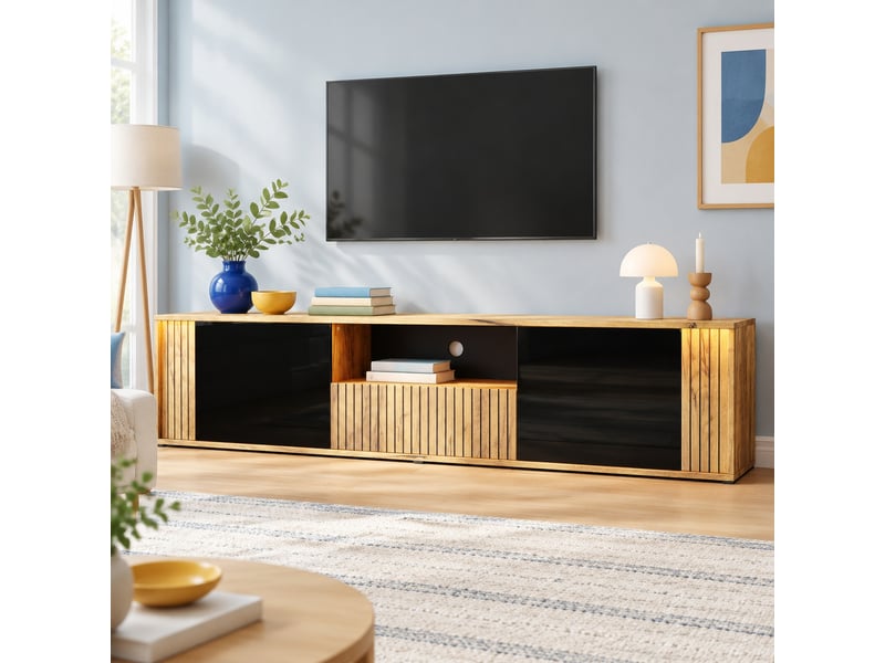  Meuble tv avec 2 portes, 1 tiroir, led bluetooth et niche ouverte pour salon, 180×40×51 cm, noir et bois naturel  - Conforama C