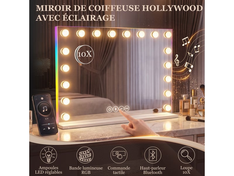  Miroir maquillage hollywood 18 ampoules led, 3 couleurs d'éclairage, lumière rgb, blanc, haut-parleur bluetooth  - Conforama D