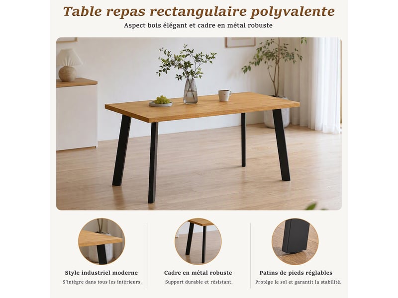  Ensemble table et 4 chaises - table rectangulaire 160x80 cm monobloc en chêne sauvage et pieds métal, 4 chaises en tissu beige et pieds bois  - Conforama D