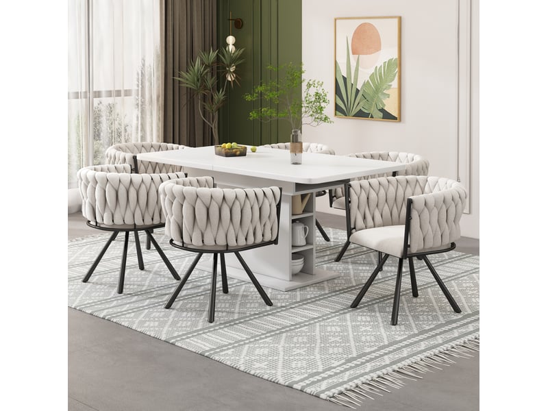  Chaise de salle à manger lot de 4 pivotante à 360° avec dossier ergonomique, en lin beige et métal noir  - Conforama D