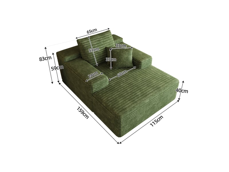  Fauteuil 1 places - 115x159cm - chaiselongue modulaire en velours assise profonde, mousse haute résilience sans montage - vert  - Conforama D