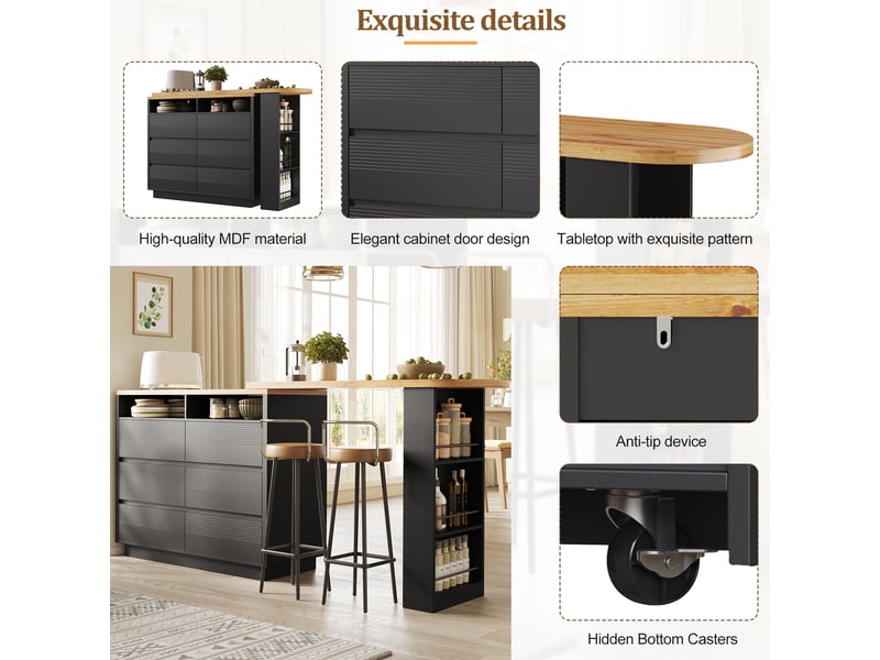  Desserte cuisine, îlot central sur roulettes avec plan de travail, plateau extensible, 6 tiroirs, dimensions 137 à 215 x 39 x 102,3 cm, mdf, noir  - Conforama E