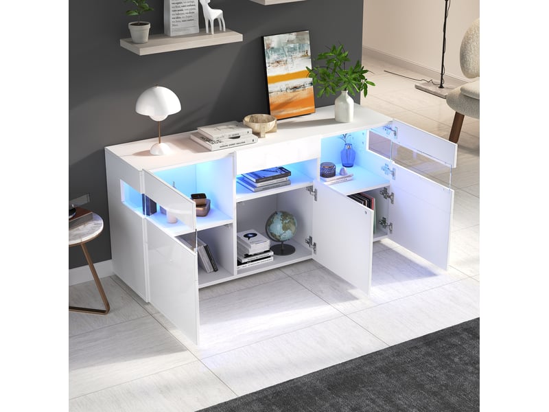 Buffet bas 3 portes blanc brillant avec led et acrylique transparent - 140 x 40,5 x 66,5 cm - Conforama B