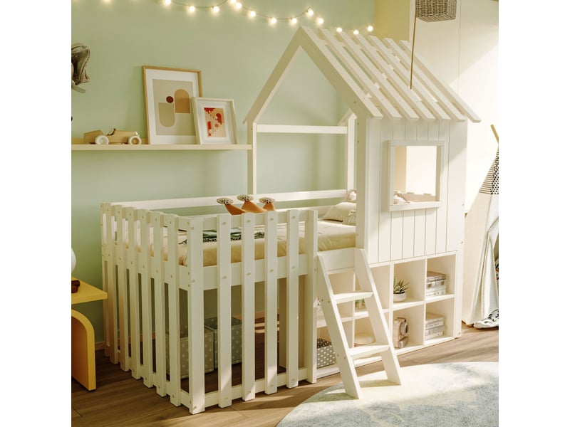 Lit avec rangement enfant 90x200 cm, étagère, toit, fenêtre, escalier, sommier, bois blanc, sans matelas - Conforama W