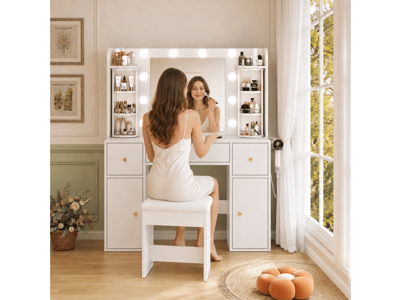  Coiffeuse avec miroir led réglable, 3 tiroirs, 2 placards, rangement pivotant, chambre, blanche 115 × 40 × 142 cm  - Conforama D