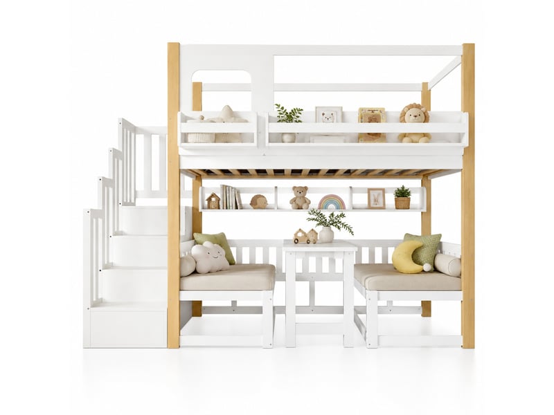  Lit mezzanine enfant 90×200 cm escalier, table rabattable et étagère  - sans matelas, bois - blanc et naturel  - Conforama A