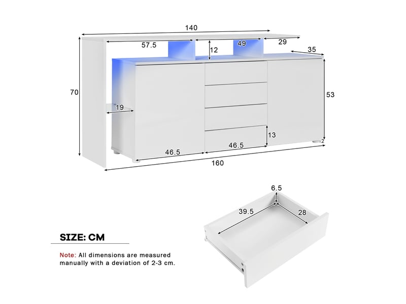  Meuble tv 160x35x70 cm blanc brillant, panneaux de particules et verre, avec led et 4 tiroirs  - Conforama C