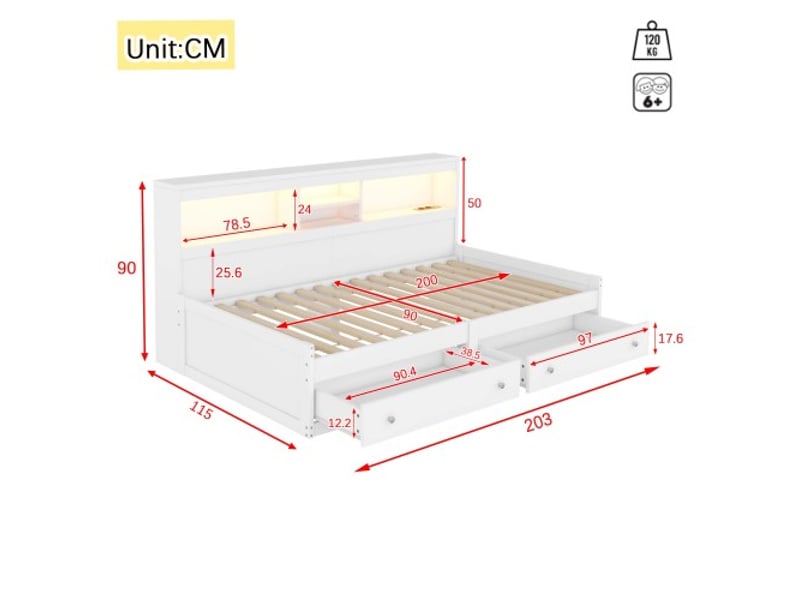  Lit enfant 90x200 cm, avec 2 tiroirs et led, avec tête de lit et lattes, en bois, blanc, sans matelas  - Conforama D