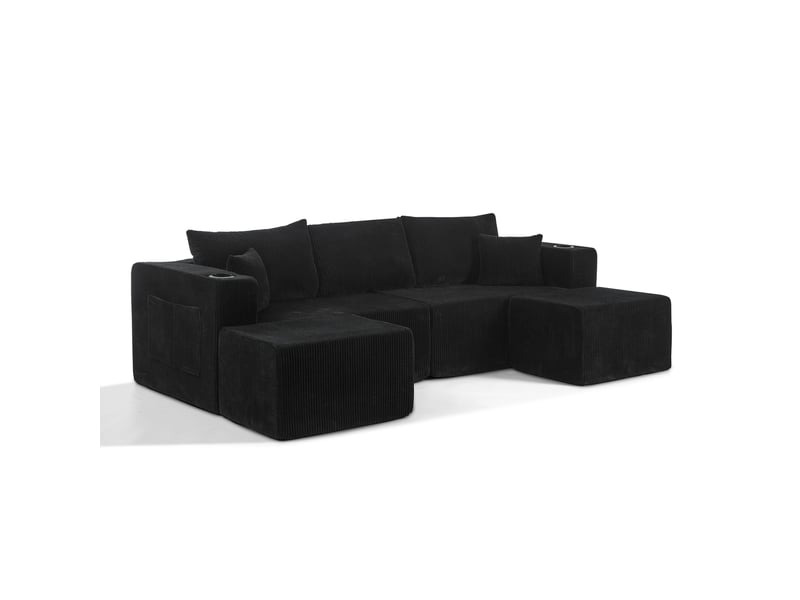  Canapé d’angle modulable 3 places avec ottomans mobiles  - porte-gobelets et poches latérales, velours côtelé noir  - Conforama A