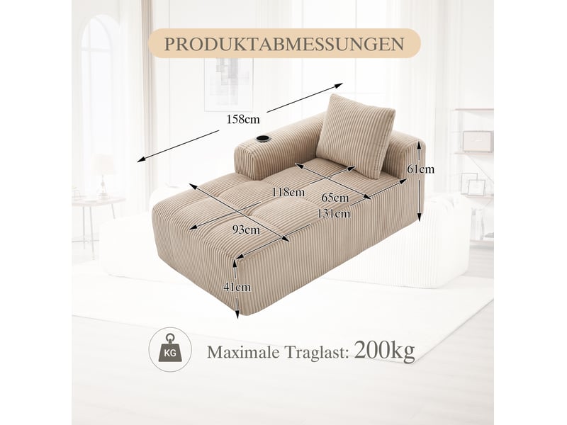  Méridienne compact 158 x 93 x 61 cm poches latérales porte-gobelet mousse densité ressorts velours côtelé kaki  - Conforama C