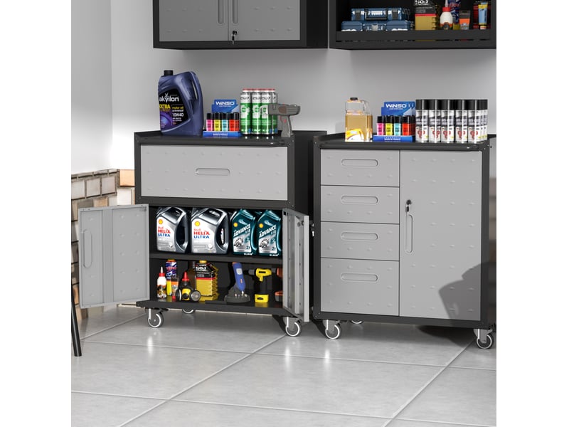  Armoire à outils sur roulettes 75x42x88 cm noir et gris en acier, 1 tiroir et 2 portes verrouillables  - Conforama B