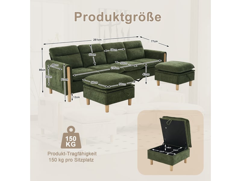  Grand canapé en u avec 2 poufs à rangement, modulable 4 places, pieds en bois, chenille vert  - Conforama C