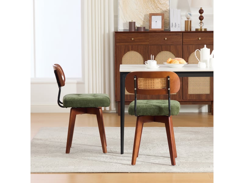  Lot de 2 chaises pivotantes à 360° avec dossier en rotin tressé et assise rembourrée en chenille verte  - Conforama E