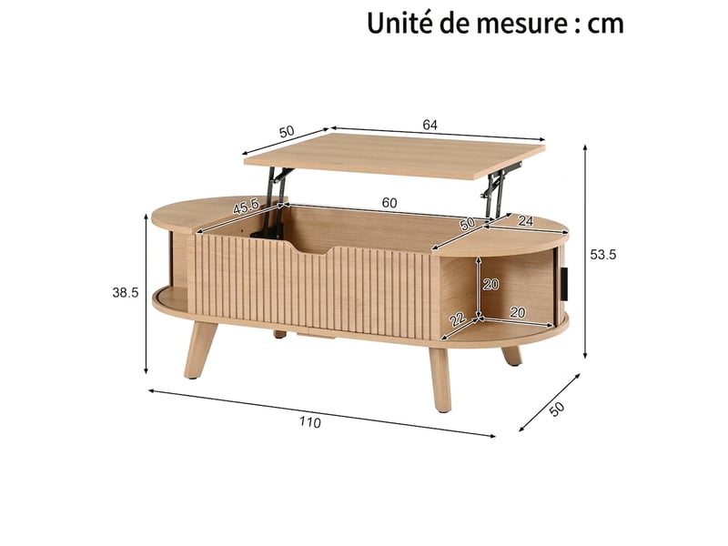  Table basse ovale relevable avec rangement caché et portes coulissantes 110x50 cm naturel  - Conforama D