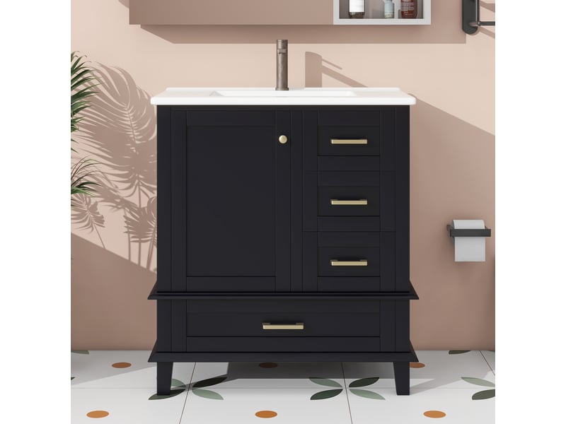  Meuble vasque sur pied noir, 76 x 45,5 x 83,5 cm, en mdf et céramique, avec 3 tiroirs à coulisses silencieuses  - Conforama E