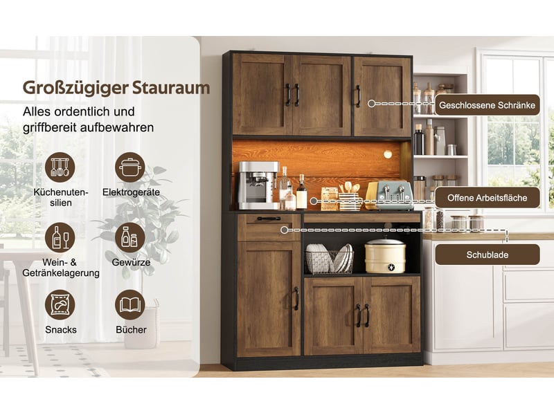  Armoire de rangement haute cuisine avec éclairage led et prises, buffet 6 portes et 1 tiroir, vitrine pour salon et salle à manger, 110 × 40 × 180 cm  - Conforama D