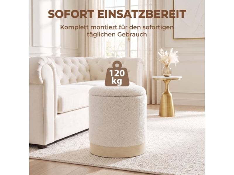 Pouf rond crème 38 cm avec revêtement sherpa, rangement et pied métal effet bois  - Conforama B