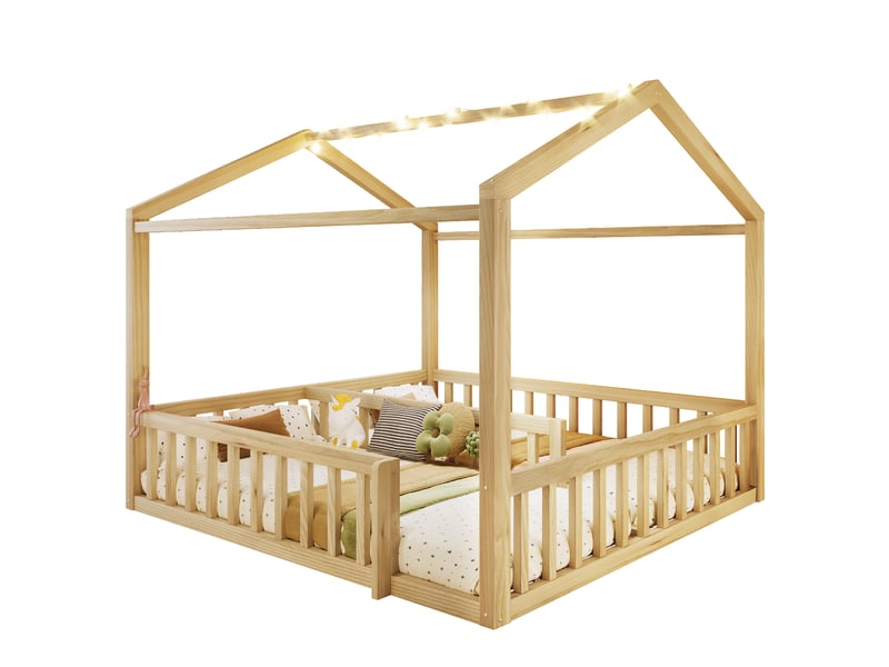  Lit cabane enfant 90 x 190 cm x2 180 x 190 cm effet bois naturel, séparable en 2 lits, led, barrières, pin massif et mdf, style minimaliste  - Conforama A