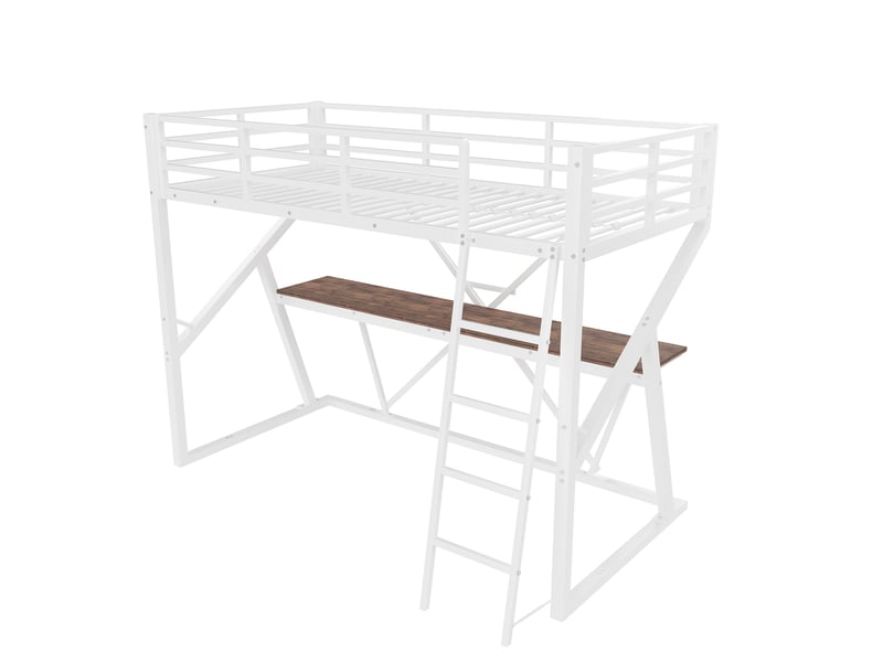  Lit mezzanine blanc 90 × 200 cm, cadre métal, bureau, led, escalier et garde-corps  - Conforama D