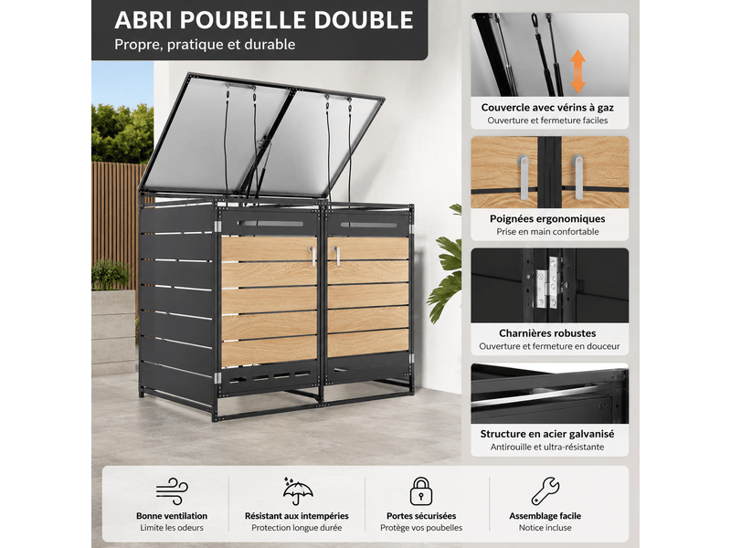  Coffre de jardin en fer avec couvercle hydraulique bardage aspect bois horizontal ventilation à fentes longues et serrure  - Conforama D