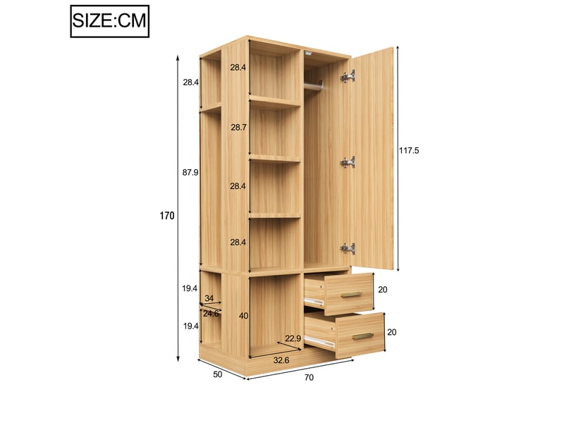  Armoire 70x50x170 cm 1 porte, 2 tiroirs, bois, finition bois naturel, plusieurs étagères et 2 tringles de penderie  - Conforama C