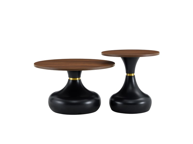  Lot de 2 tables basses rondes 70x42+50x51 cm, appoint canapé, design empilable, pour le salon, métal, noyer et noir  - Conforama A