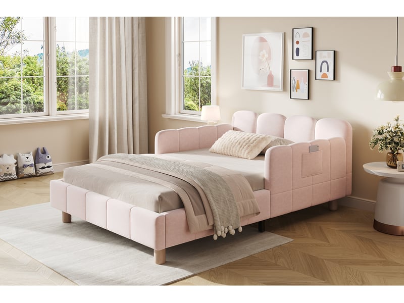  Lit banquette enfant 90 × 200 cm, accoudoirs modulables, poches latérales, capitonné, pieds en bois massif, velours rose  - Conforama B