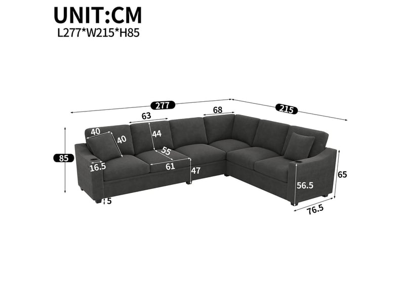  Canapé d'angle convertible,6 places, avec port de charge rapide usbtype-c, 2 porte-gobelets et 2 coussins,277 x 215 x 85 cm,gris  - Conforama C