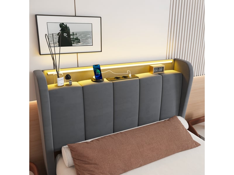  Lit coffre 90 x 200 cm en velours, lit simple avec led, station de charge et rangement, sans matelas, gris foncé  - Conforama E