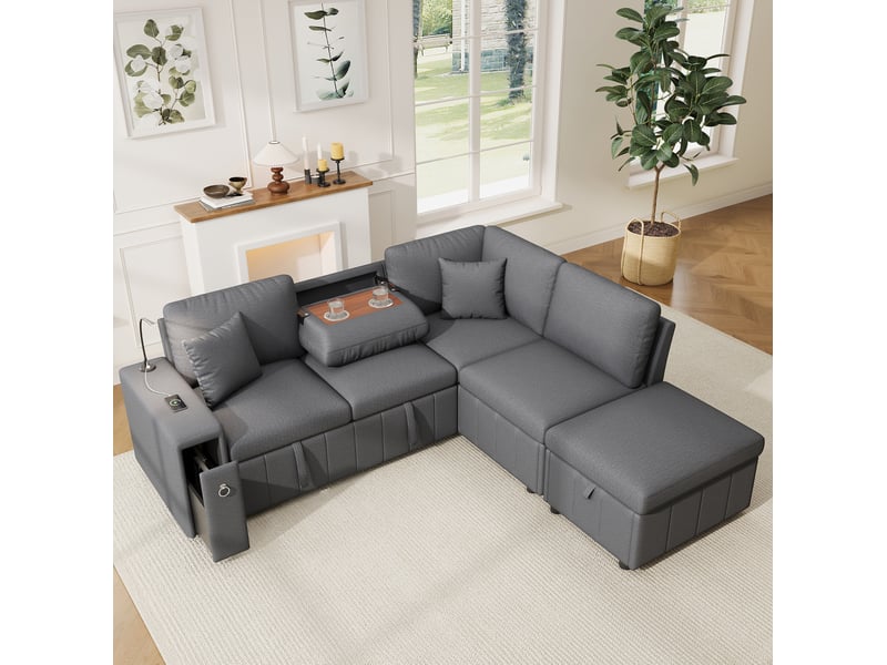  Canapé d'angle convertible 5 places 213x184x88 cm modulable bois métal gris  - Conforama B