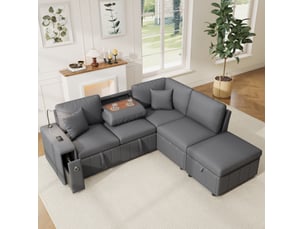 Canapé d'angle droit convertible <strong>DESMIU</strong> <strong></strong> 5 places Polyester gris avec coffre de rangement