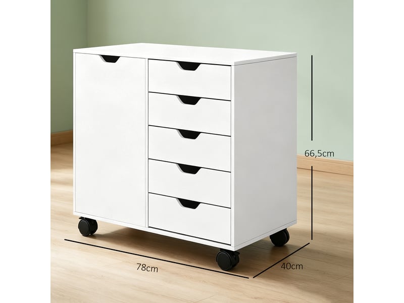  Meuble de rangement pour bureau 5 tiroirs 1 porte étagère réglable, support imprimante roulettes, 78x40x66,5 cm, blanc  - Conforama C
