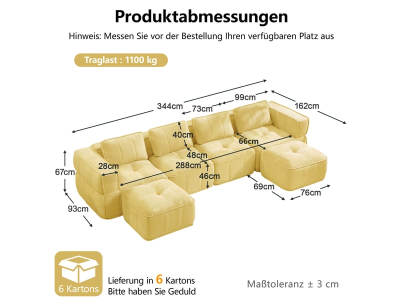  Canapé modulaire u 4 places 344x162x67 cm, sans montage, antiglisse, 2 poufs, avec, tissu polyester, jaune  - Conforama C