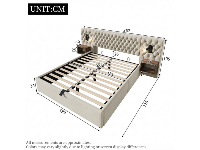 Table de chevet, 215x267x105 cm, ports de charge, rangement intégré, beige cao-AB30671012B-conf-NEW - Conforama B