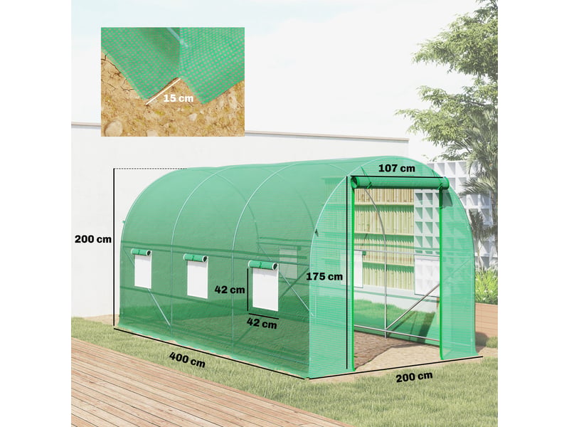  Serre tunnel de jardin 8 m², serre de jardin tunnel avec porte et 6 fenêtres, bâche pe 140 gm² 400 x 200 x 200 cm vert  - Conforama E