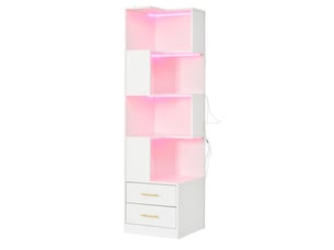 Meuble d’angle 45x45x165 cm avec éclairage led et 2 tiroirs, panneau de particules, blanc