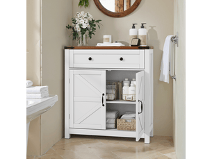 Buffet bas 76x30x83 cm avec tiroirs et étagères réglables, buffet salon en blanc, buffet de cuisine avec plans de travail en noyer