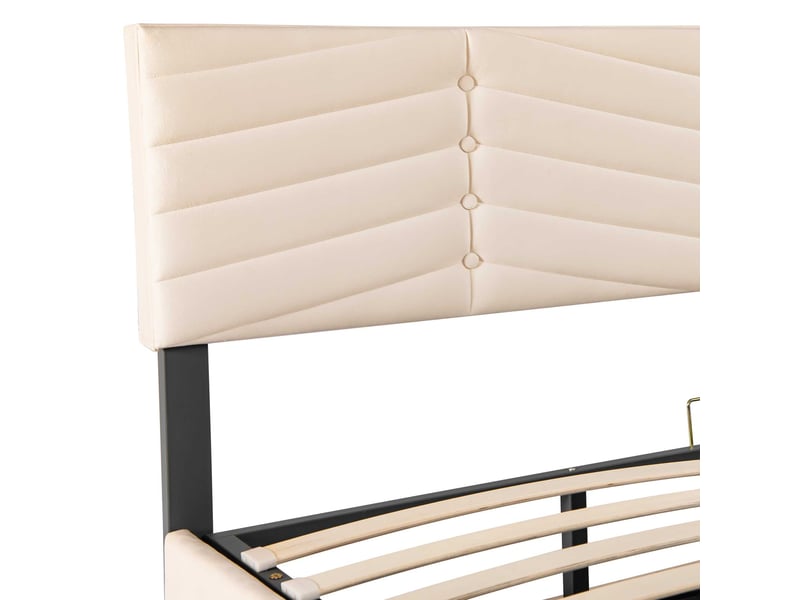 Lit coffre 180x200 cm rembourré, rangement hydraulique, tête de lit réglable en velours avec design rayé et boutons, beige - Conforama E