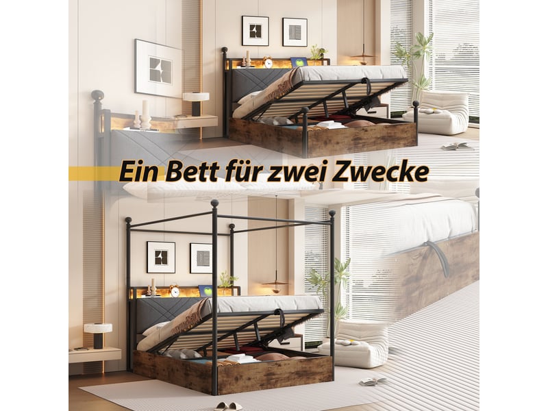  Lit double en métal 140*190 cm avec coffre hydraulique, baldaquin, led et usb type-c, noir  - Conforama E