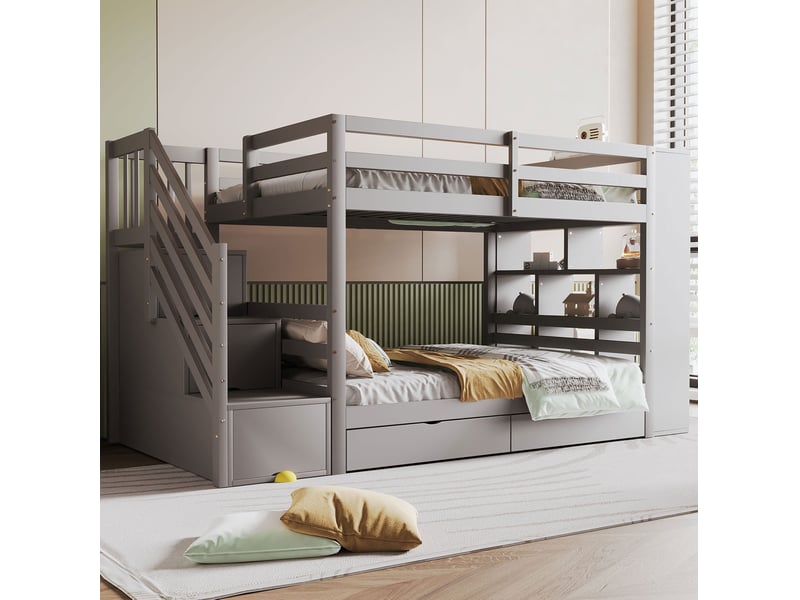  Modenvie lit superposé 90x200 cm - escalier avec rangement et tiroirs, sommier inclus - gris  - Conforama E